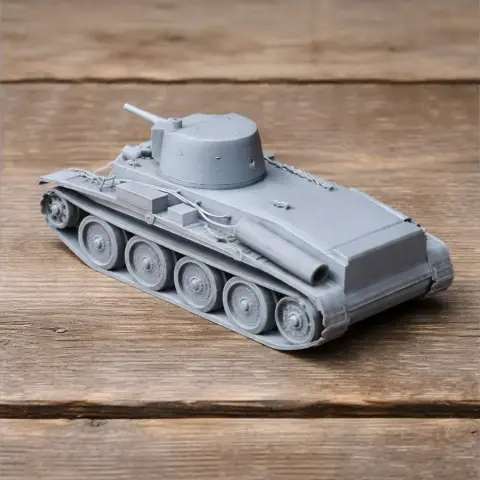 Gray 3D-printed model of a 10TP tank with turret on a wooden surface.