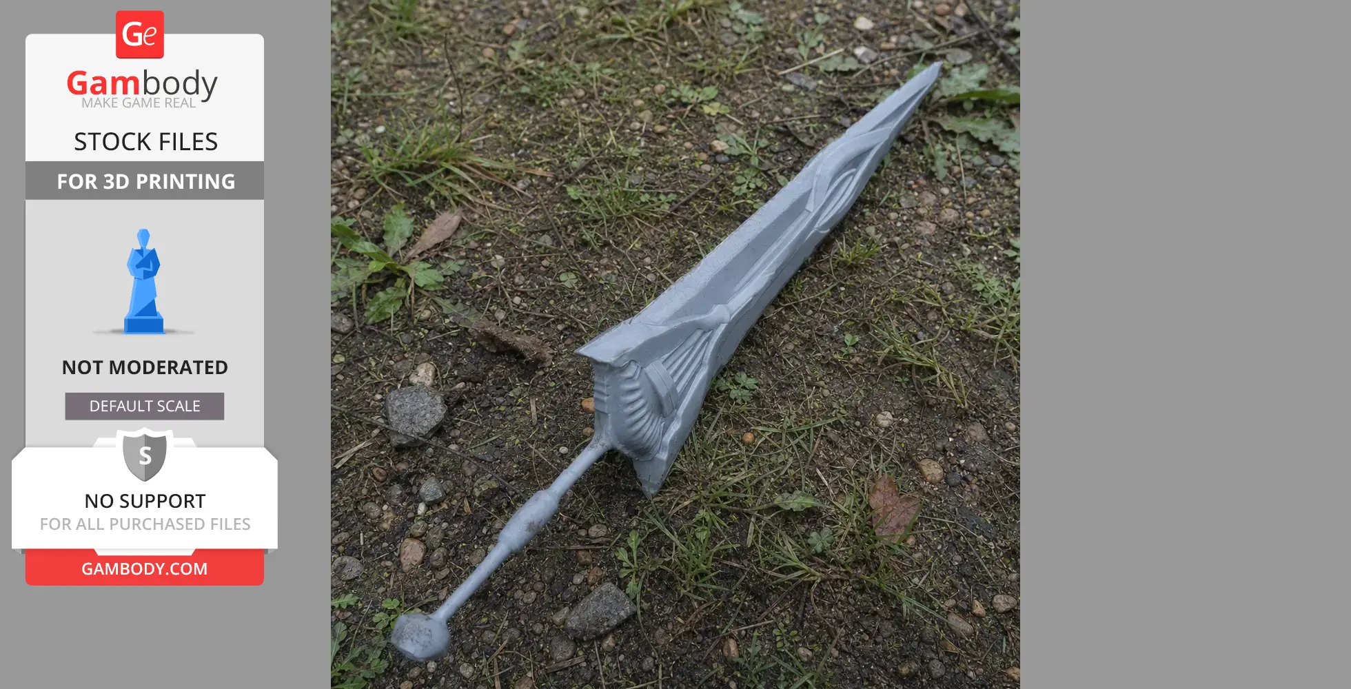 A detailed 3D-printed fantasy sword prop on grass, designed for cosplay.