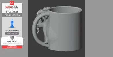 A mug with an ibex head and horns integrated into the handle, designed for 3D printing.