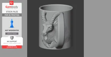 A mug with an ibex head relief and curved horns as a handle, designed for 3D printing.