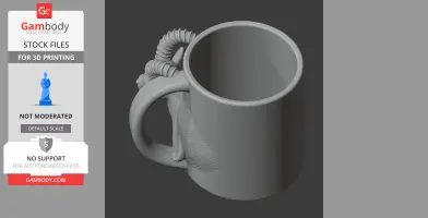 A 3D model of a mug with an ibex-shaped handle featuring curled horns.