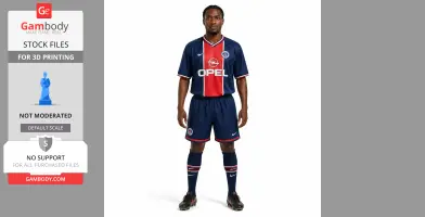 A soccer player figurine in a blue and red kit, labeled for 3D printing by Gambody.