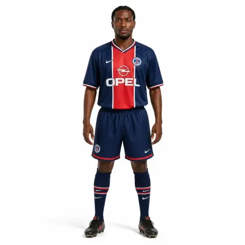 A soccer player figurine in a blue and red jersey stands upright, ready for 3D printing.