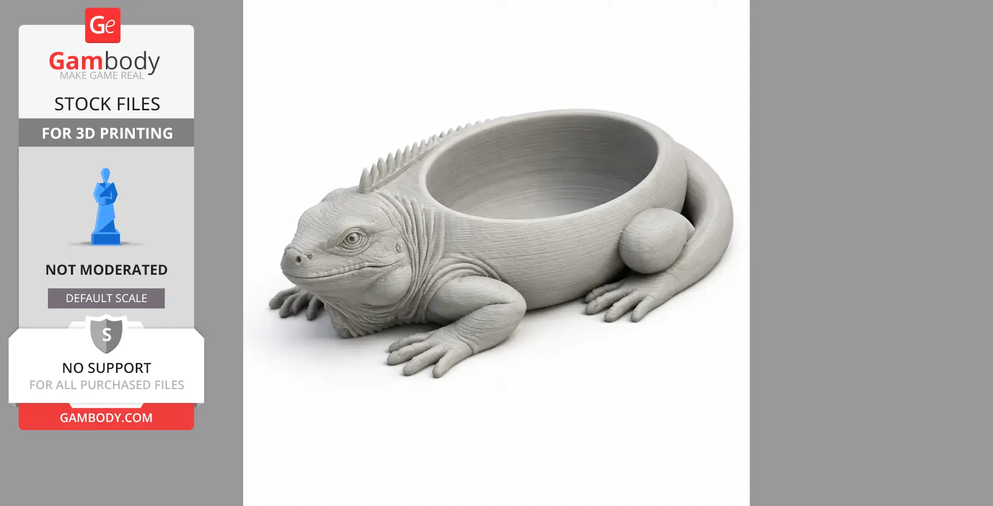 Iguana-shaped bowl with textured scales and a smooth round interior, designed for 3D printing.