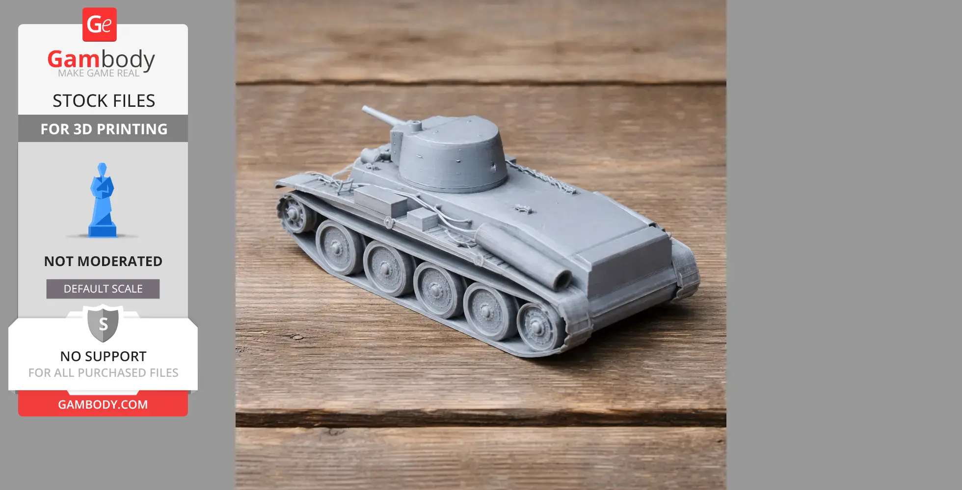 Gray 3D-printed model of a 10TP tank on a wooden surface.