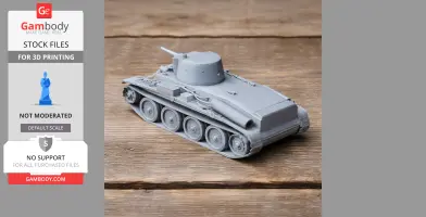 Gray 3D-printed model of a 10TP tank on a wooden surface.