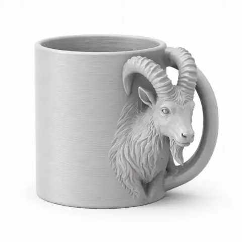 Gray mug with an ibex head sculpted onto the handle, detailed horns and fur.