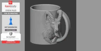 A 3D printed mug featuring an ibex with curved horns as a decorative handle.