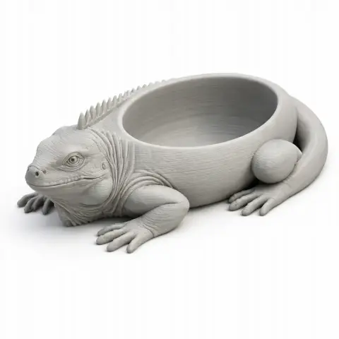 3D model of an iguana-shaped bowl with detailed features and a hollow back for holding items.