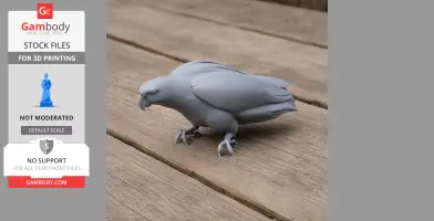 Gray 3D model of a bird, resembling a prehistoric parrot, on a wooden surface.