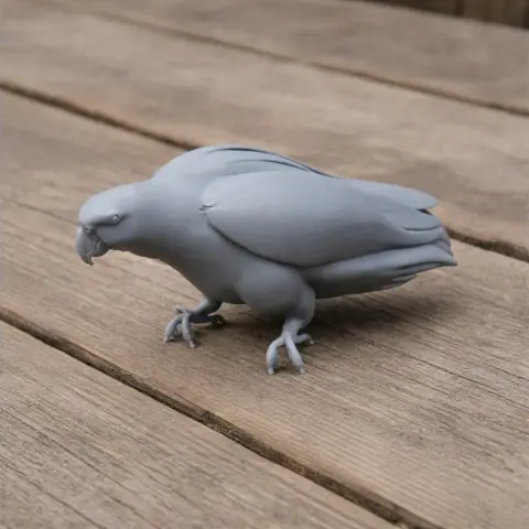 A 3D printed model of an African Grey parrot with a prehistoric design on wooden planks.