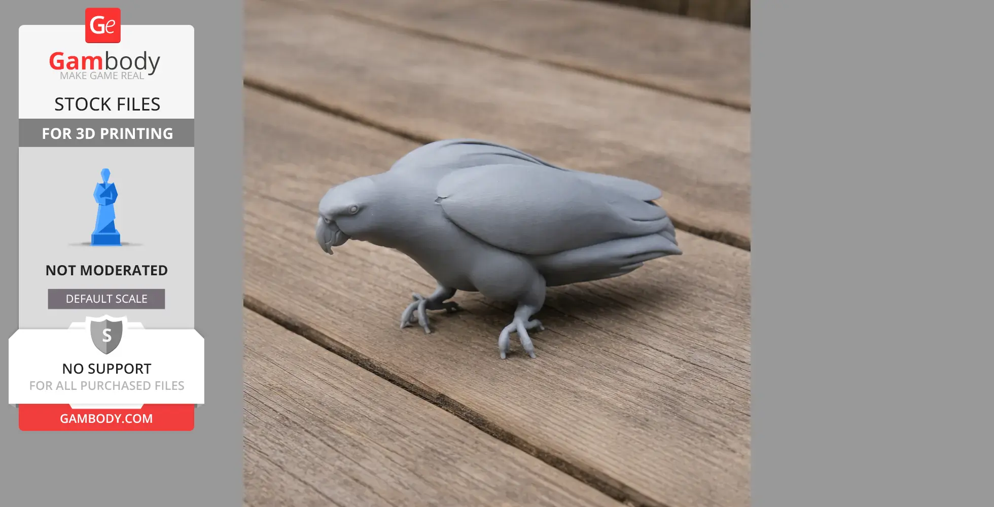 Gray 3D model of a bird, resembling a prehistoric parrot, on a wooden surface.