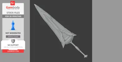Intricately designed fantasy sword with angular blade and a textured handle, intended for 3D printing.