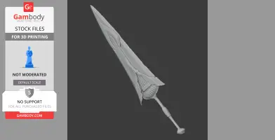 A detailed, angular sword model with intricate designs on the blade and hilt, intended for cosplay.