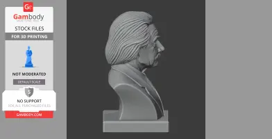 Side profile of a bust depicting a historical figure with detailed hair and suit, on a rectangular base.