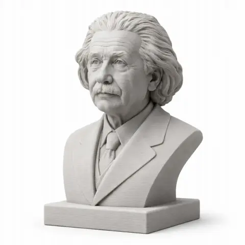 A 3D-printed bust of Albert Einstein in a suit, showcasing detailed facial features and hair.