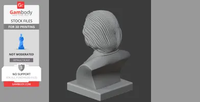 3D model of a bust with detailed, textured hair on a pedestal, viewed from behind.