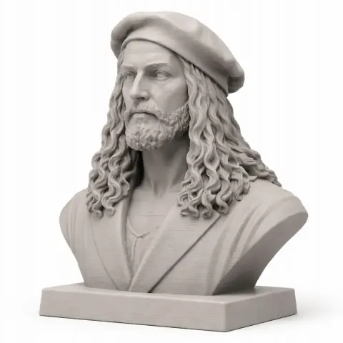 Bust of a historical warrior with long curly hair, beard, and beret, designed for 3D printing.