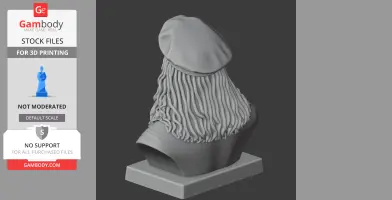 A 3D model of a bust wearing a cap with long, textured flowing hair on a rectangular base.