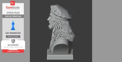 3D model of a bearded bust wearing a beret, viewed from the side, on a rectangular base.