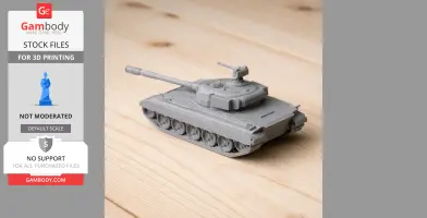 A 3D-printed model of a heavy tank with detailed tracks and turret on a wooden surface.