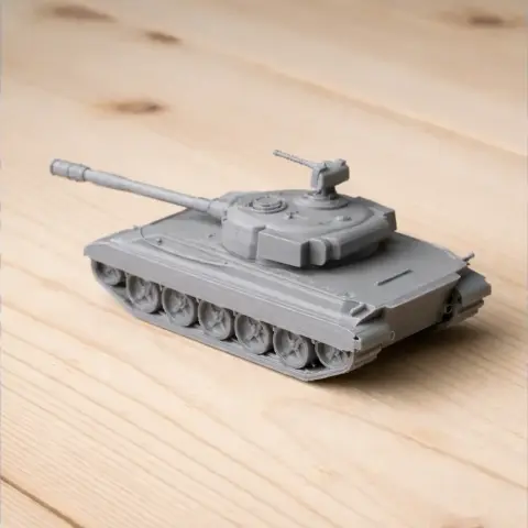 Gray 3D model of a heavy tank on a wooden surface, featuring detailed treads and turret.
