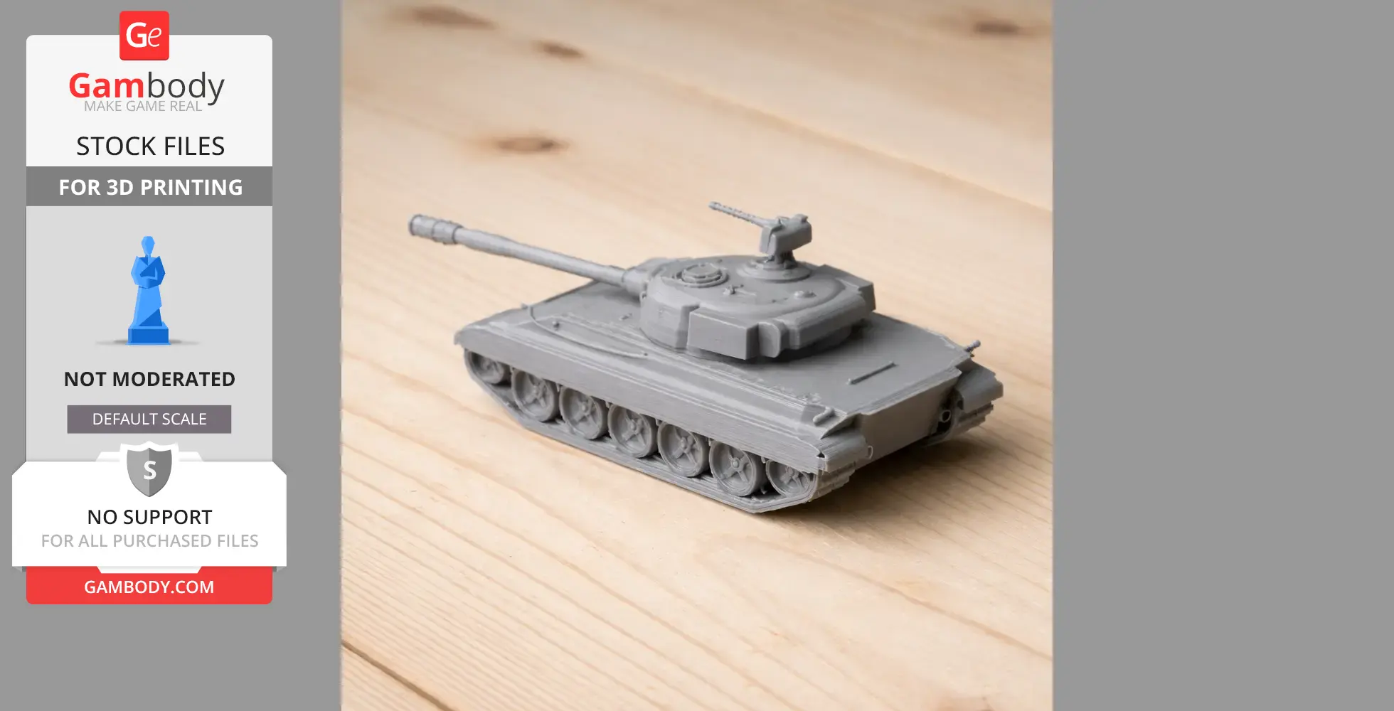 A 3D-printed model of a heavy tank with detailed tracks and turret on a wooden surface.