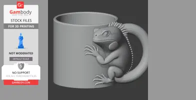 A 3D-printed mug with an iguana design, featuring the lizard as the mug handle and wrapping around the side.