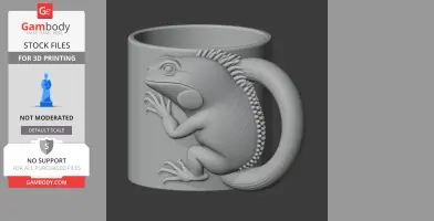 3D model of a mug with an iguana on the side, its tail forming the handle.