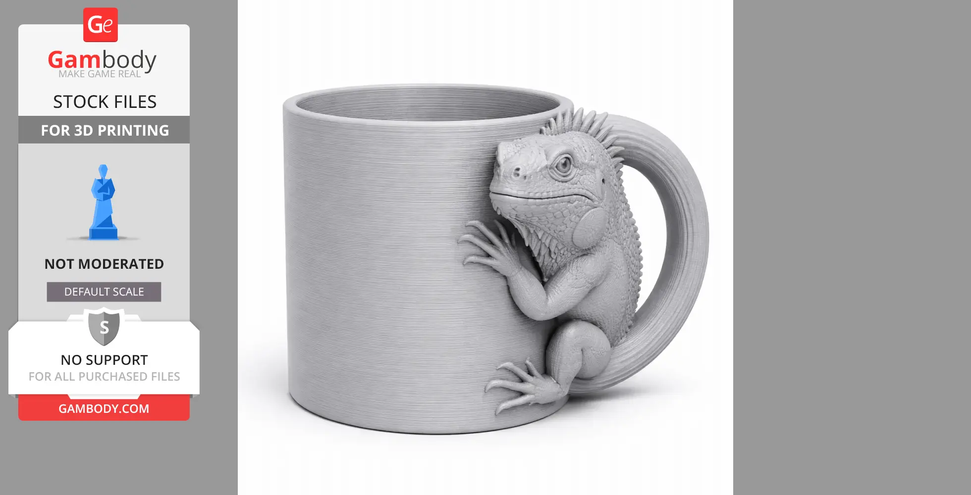 A mug with an iguana designed as the handle, intended for 3D printing.