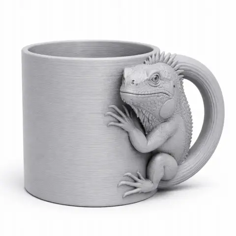 3D model of a mug with an iguana hugging the handle, for 3D printing.
