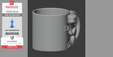 A 3D model of an iguana clinging to the side of a cylindrical mug, designed for 3D printing.
