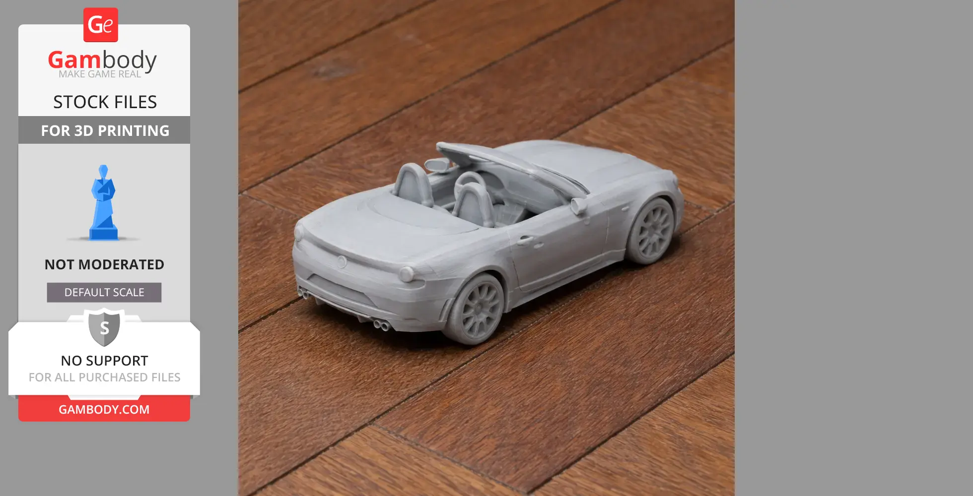 3D-printed Abarth 124 Spider scale model, convertible, on wooden surface.