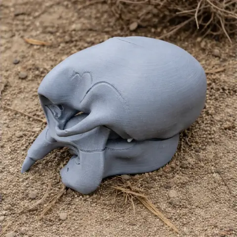 3D printed African elephant skull replica on sandy ground.