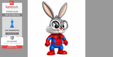 A cartoon rabbit in a Spider-Man suit with large round glasses, standing in a heroic pose.
