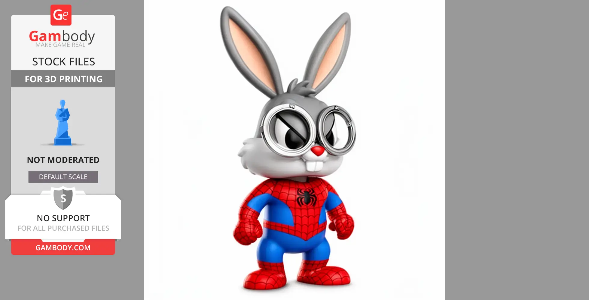 A cartoon rabbit in a Spider-Man suit with large round glasses, standing in a heroic pose.