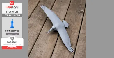 Gray 3D-printed model of an American White Pelican with wings spread, resting on wooden planks.