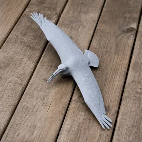 3D-printed model of a pelican with wings spread, lying on a wooden surface.
