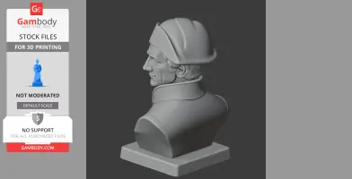 Bust of an older man in a hat and high collar, viewed from a rear side angle, on a square base.