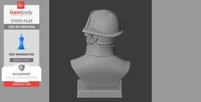 A rear view of a 3D printed bust of a historical figure wearing a hat, displayed on a pedestal.