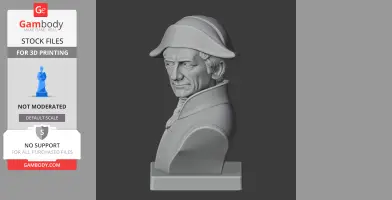 A 3D bust of a distinguished man in historical attire and hat, on a rectangular base.