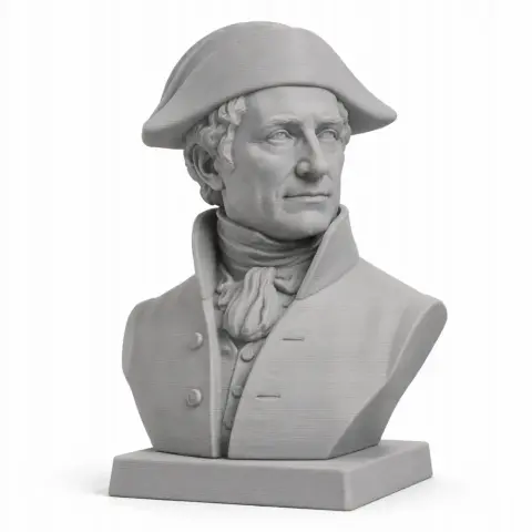 A detailed bust of a man in historical attire with a tricorn hat, suitable for 3D printing.