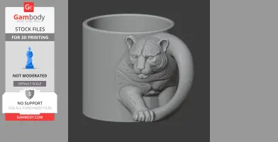 3D model of a mug with a detailed jaguar head and paw, designed for 3D printing.