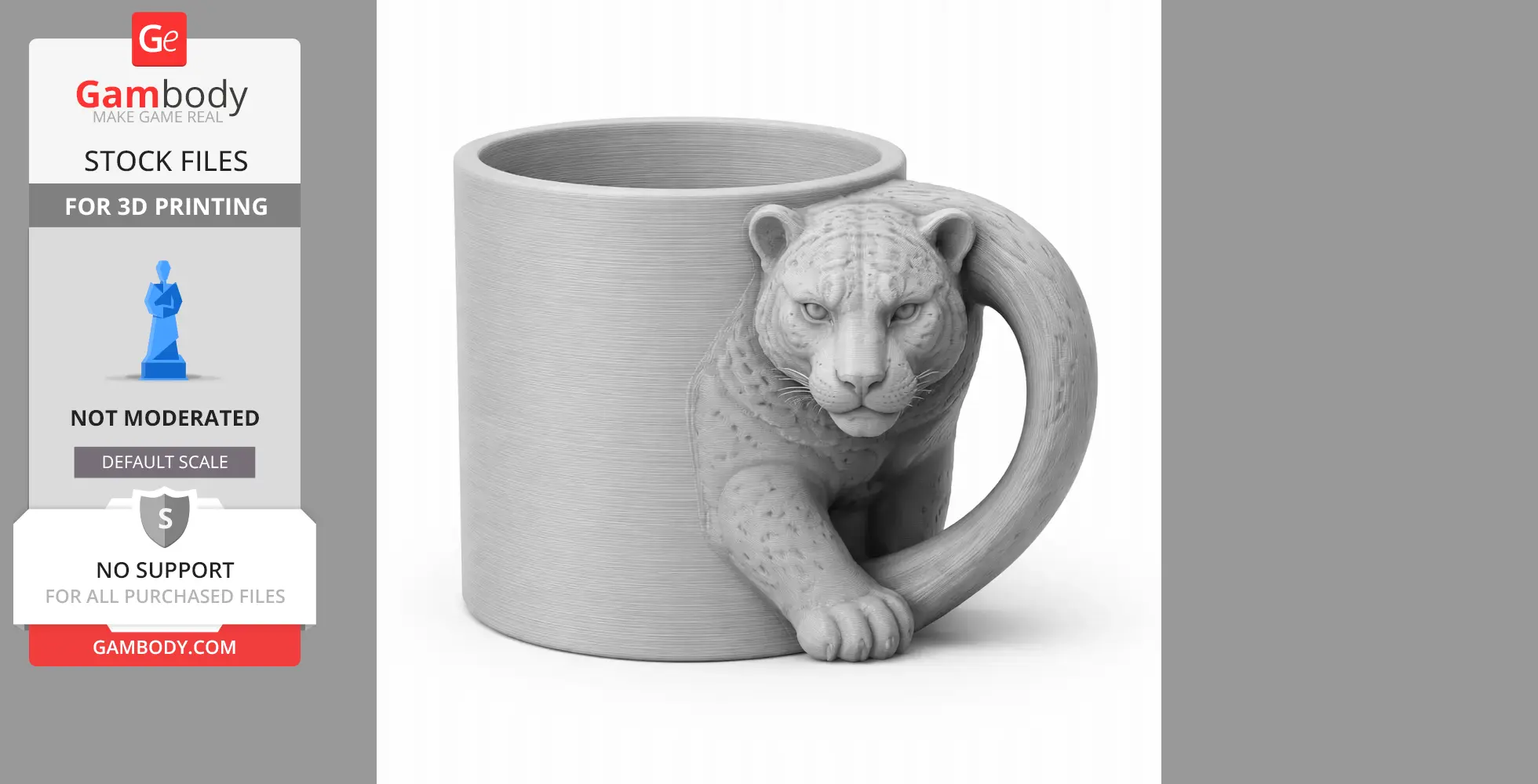 A 3D-printed mug featuring a jaguar as the handle, with detailed facial features and paws.
