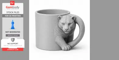 A 3D-printed mug featuring a jaguar as the handle, with detailed facial features and paws.