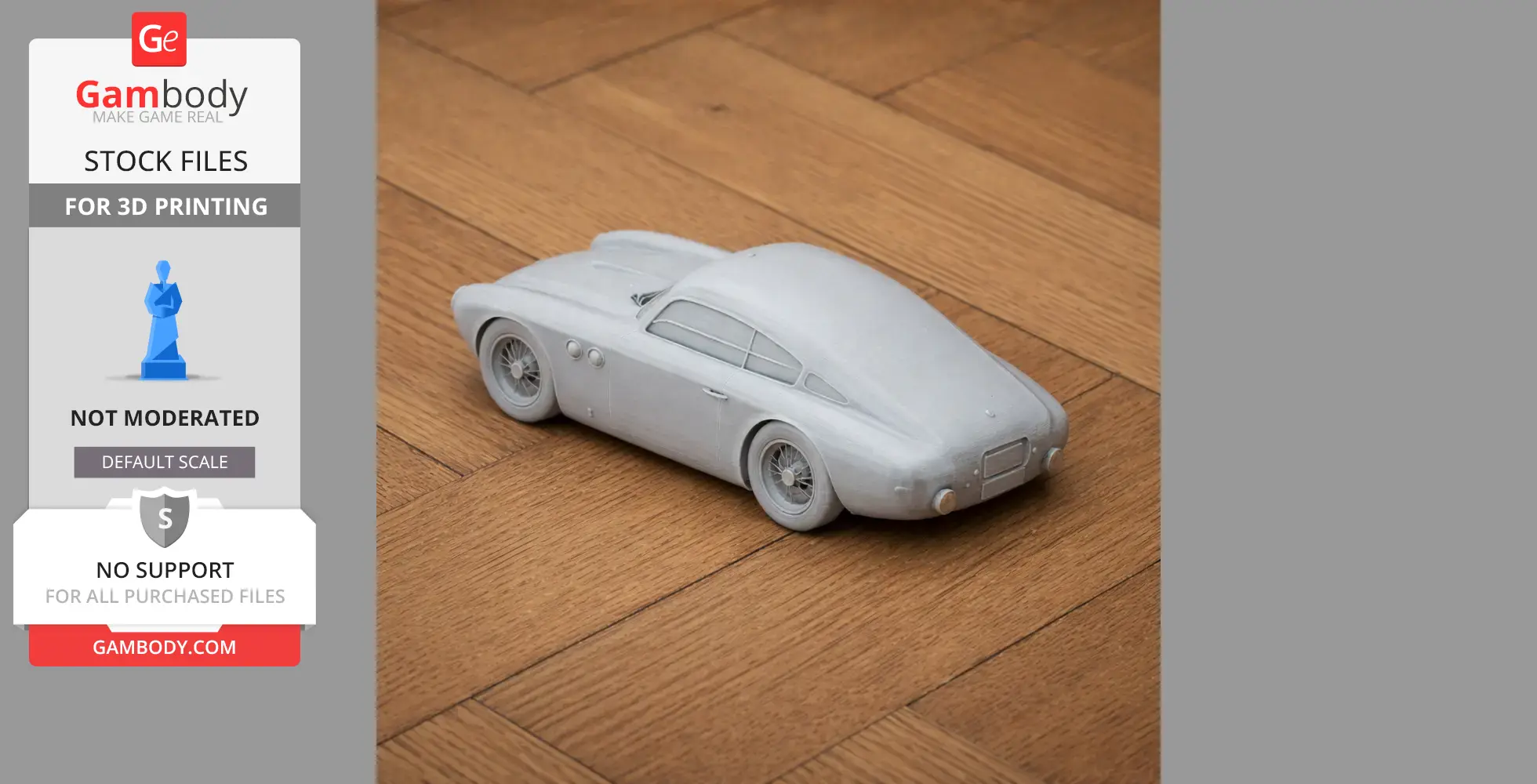 Gray 3D printed model of Abarth 205A Berlinetta on a wooden surface.