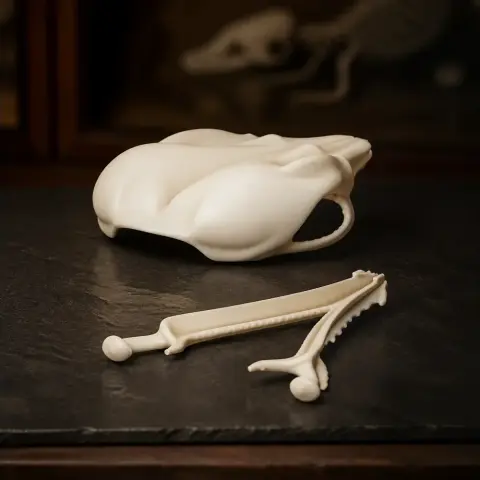 3D-printed Agile Antechinus skull and jaw bone replicas on a dark surface.