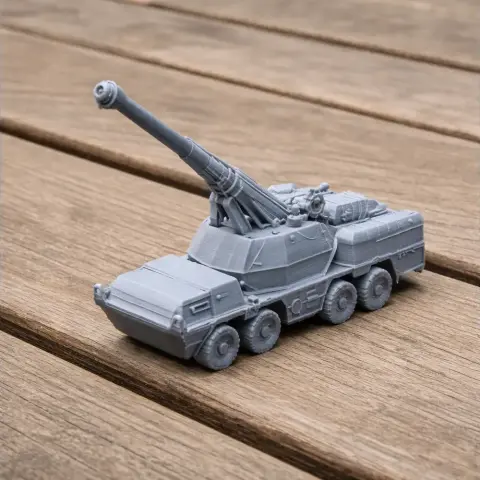 3D-printed model of a 155 mm SpGH Zuzana tank, detailed with a long barrel and six wheels.