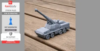 A detailed 3D-printed model of a 155 mm SpGH Zuzana tank on a wooden surface.