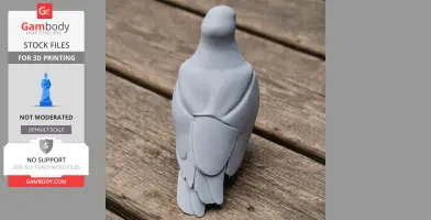 Smooth, abstract 3D printed figure resembling a bird, viewed from behind, on a wooden surface.